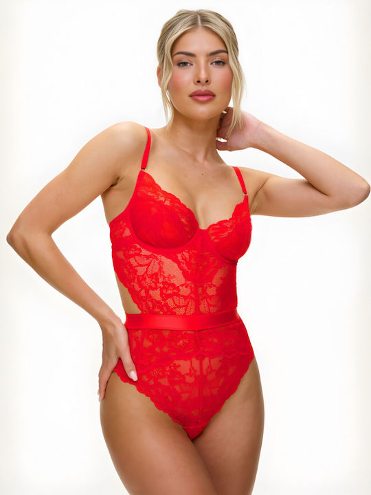 Chicret Sexy Κορμάκι με Δαντέλα Κόκκινο