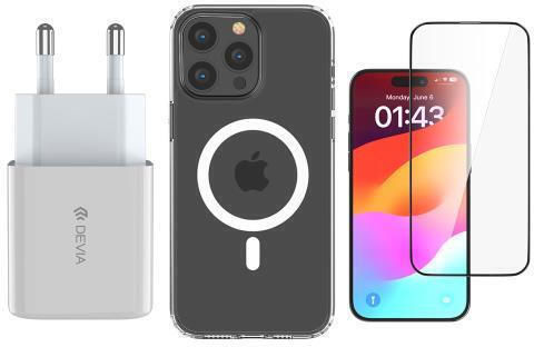 Devia Back Cover Plastic / Silicone Set with Glass White (iPhone 15 Pro)