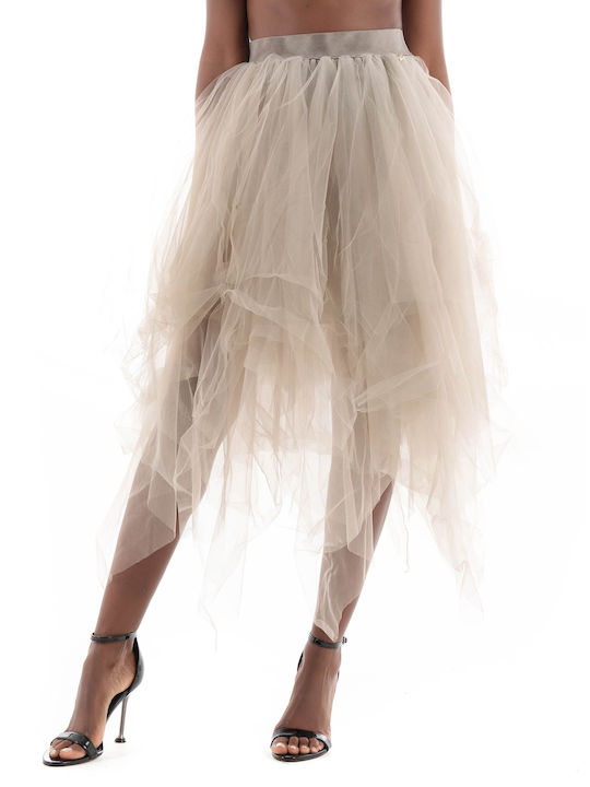 Souvenir High Waist Skirt with Tulle in Beige color