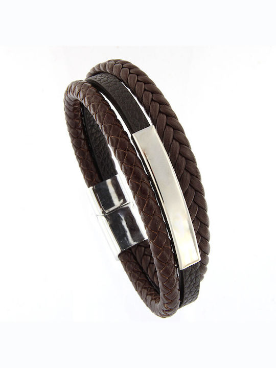 Men's Stainless Steel Bracelet with Triple Brown Leather.