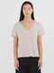 Replay Women's Oversized T-shirt with V Neckline Beige