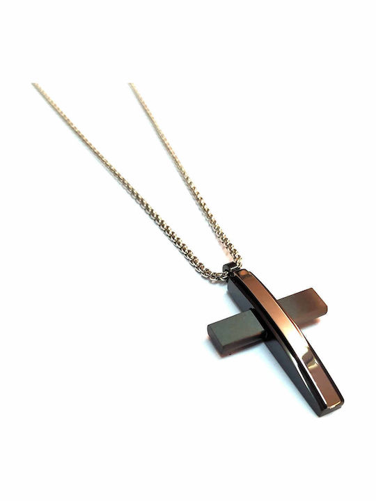 Amalfi Accessories Μαύρος Σταυρός από Ατσάλι με Αλυσίδα
