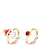 Handmade Gold Metal Open Christmas Santa Claus and Red Rhinestone 2-Piece Ring Set, 2cm Diameter (tatu Moyo)
