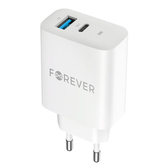 Forever Φορτιστής Χωρίς Καλώδιο με Θύρα USB-A και Θύρα USB-C 30W Power Delivery / Quick Charge 3.0 Λευκός (TC-07)