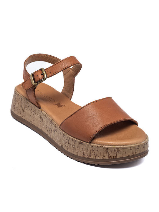 Leather Women's Flat Sandals Flatforms in Tabac Brown Color