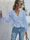 Women's Summer Blouse Cotton Long Sleeve Striped Blue