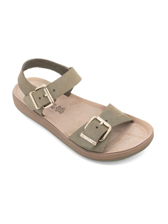 Fantasy Sandals Panagiota Leather Women's Flat Sandals Anatomic in Khaki Color