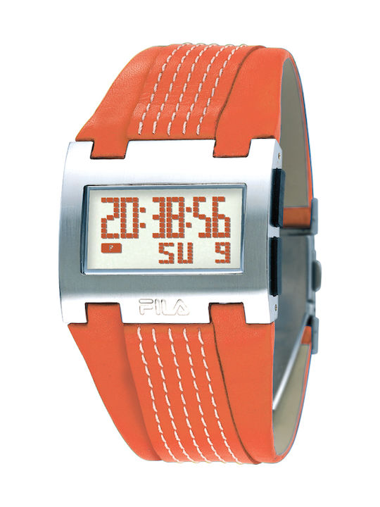 Fila Digital Watch Battery with Orange Leather Strap