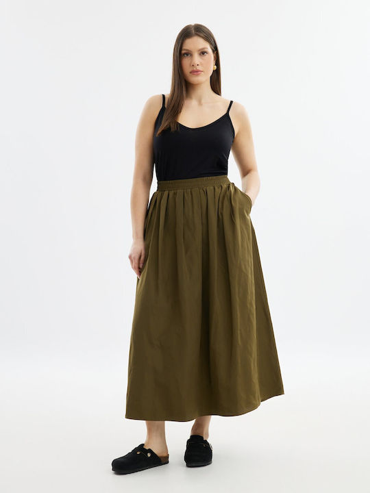 Mat Fashion High Waist Midi Skirt in Khaki color