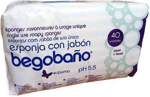 Sponges Impregnated with Hypoallergenic Soap Begobaño®. Disposable. 12x20cm. 40 Pieces.