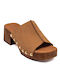 Leather Mules with Chunky Low Heel in Brown Color