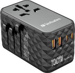 Verbatim Φορτιστής Χωρίς Καλώδιο GaN με 2 Θύρες USB-A και 2 Θύρες USB-C 100W Power Delivery / Quick Charge 3.0 / Quick Charge 4+ Γκρι (UTA-06)