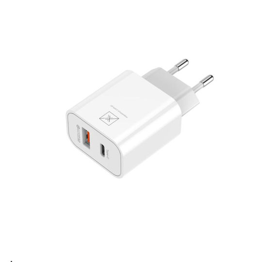 Maxximus Ladegerät ohne Kabel mit USB-A Anschluss und USB-C Anschluss 20W Stromlieferung / Schnellaufladung 2.0 / Schnellaufladung 3.0 Weißs (MX Alfa)
