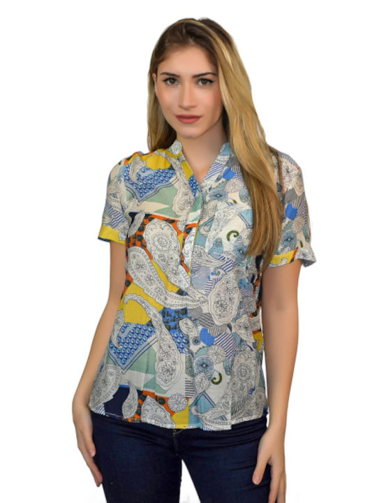 Morena Spain Women's Summer Blouse Short Sleeve Blue