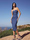 Desiree Midi Φόρεμα Τζιν με Σκίσιμο Μπλε