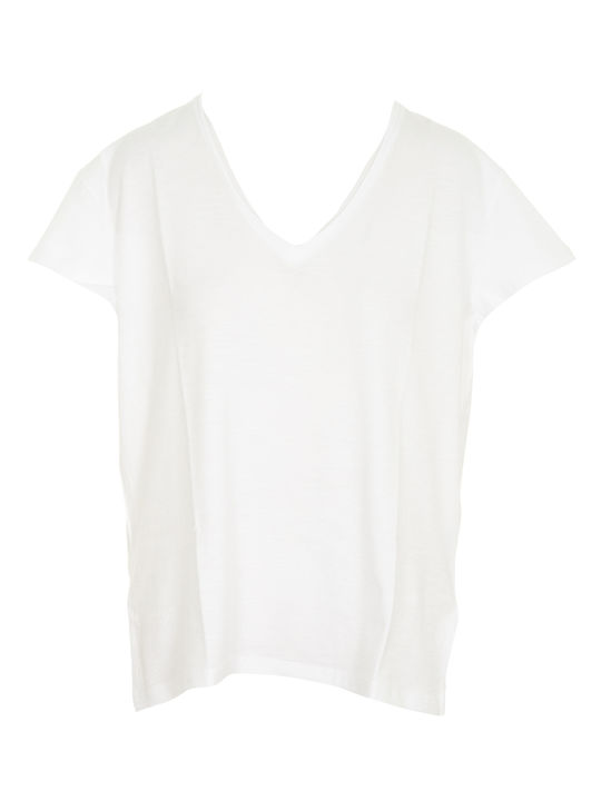 Collectiva Noir Women's Summer Blouse Short Sleeve with V Neckline White