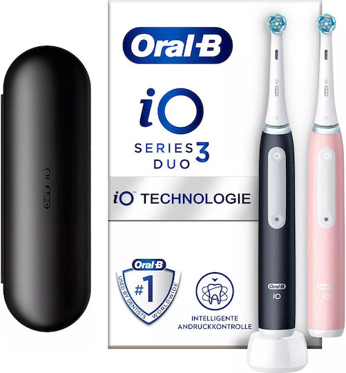 Oral-B iO Series 3 Elektrische Zahnbürste mit Drucksensor und Reisetasche Matt Black / Blush Pink