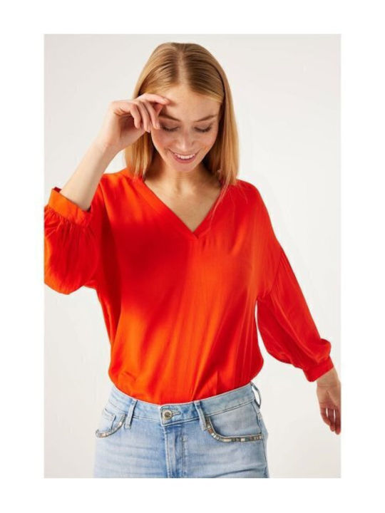 Damen Sommer Bluse Langärmelig mit V-Ausschnitt Rot