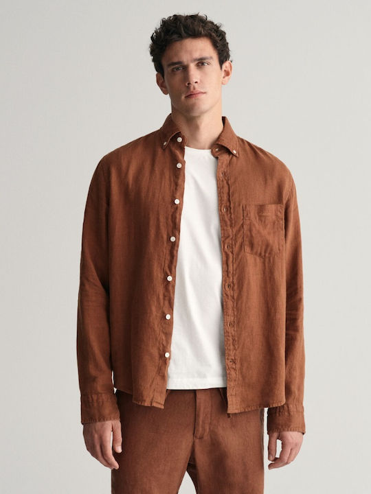 Gant Men's Shirt Long-sleeved Linen Brown