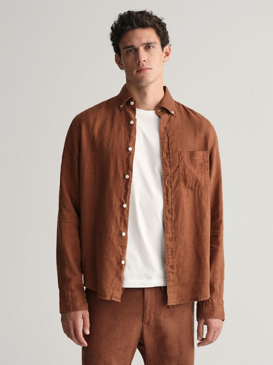 Gant Men's Shirt Long Sleeve Linen Brown