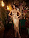 Desiree Mini Dress Draped with Slit Gold