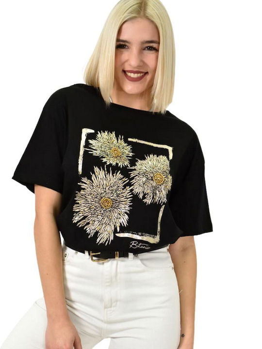 Potre Γυναικείο T-shirt Floral Μαύρο