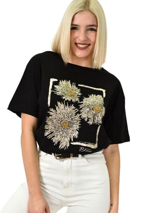 Potre Damen T-Shirt Blumen Schwarz