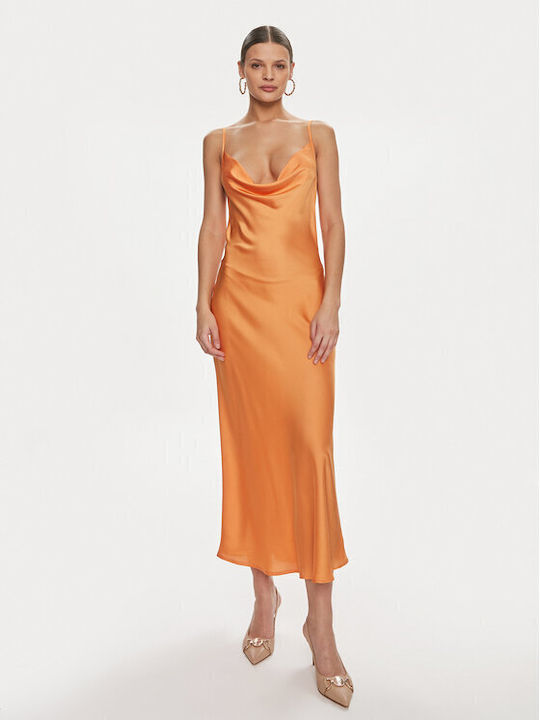 Guess Wd8g2 Midi Βραδινό Φόρεμα με Σκίσιμο Πορτοκαλί