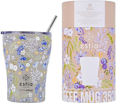 Estia Coffee Mug Save The Aegean Recyclable Glass Thermos Stainless Steel BPA Free Symphony Taupe 350ml with Straw