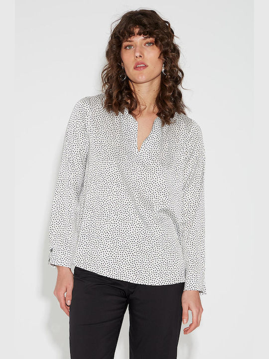 Bill Cost Women's Summer Blouse Satin Long Sleeve Polka Dot Ecru