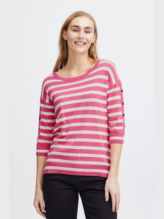 Fransa Women's Pullover with 3/4 Sleeve Striped Pink