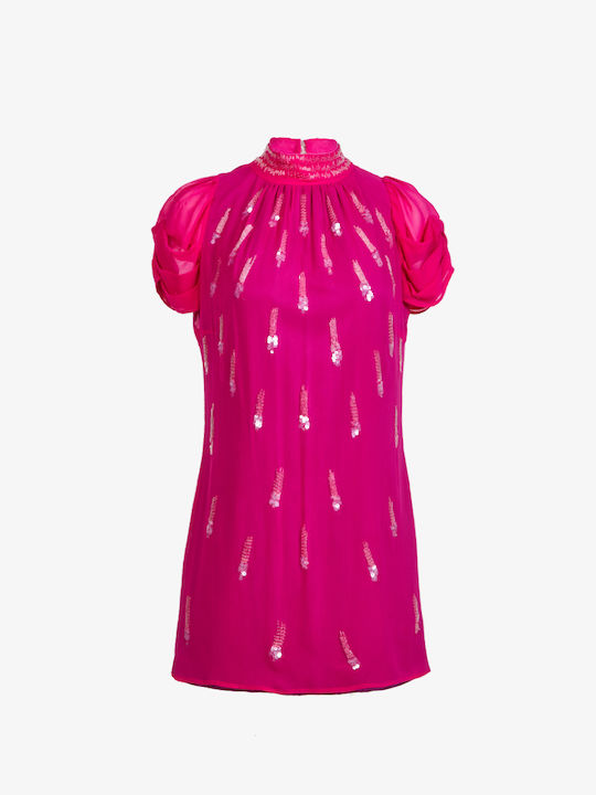 Gianfranco Ferre Mini Evening Dress Shirt Dress with Sheer Fuchsia