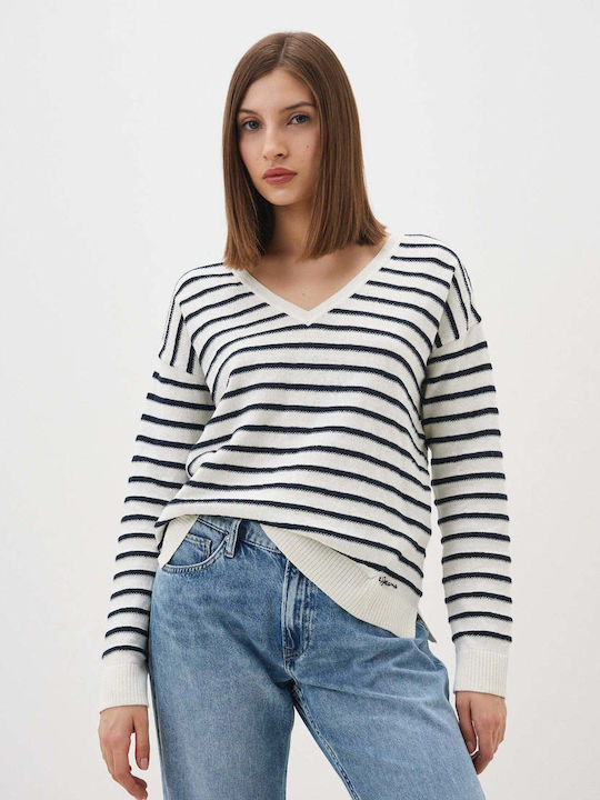 Pepe Jeans Damen Langarm Pullover Baumwolle Gestreift Weiß