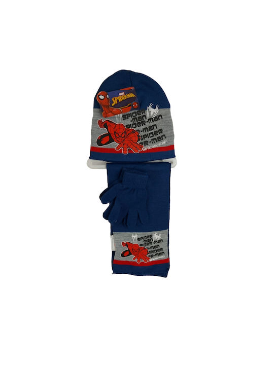Spiderman Set Căciulă Copil cu Eșarfă & Mănuși Tricotat Albastru