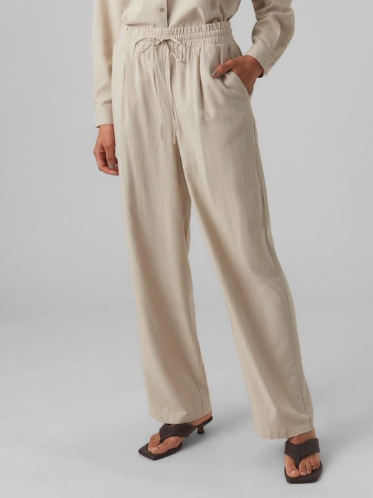 Vero Moda Women's High-waisted Linen Trousers with Elastic Beige