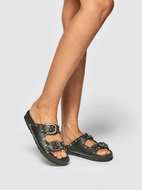 Pepe Jeans Leder Damen Flache Sandalen in Schwarz Farbe