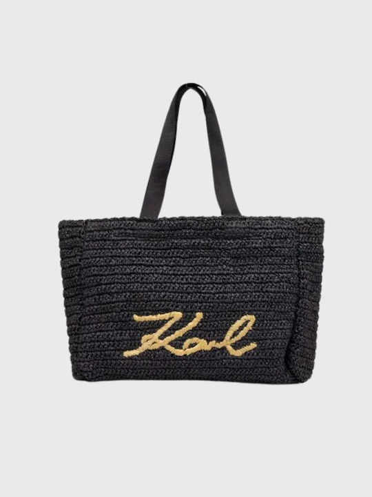 Karl Lagerfeld Straw Beach Bag with Wallet Black