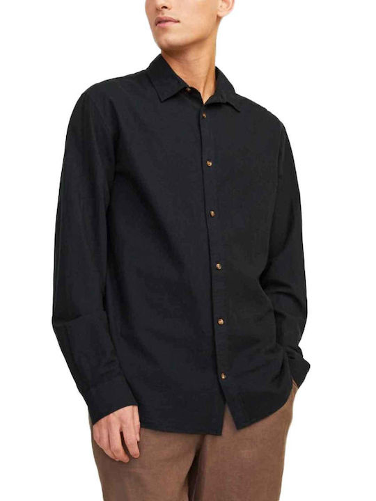 Jack & Jones Men's Shirt Long Sleeve Linen Black