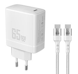 Powertech Charger with USB-C Port and Cable USB-C - USB-C 65W Quick Charge 2.0 / Quick Charge 3.0 Whites (PT-1181)