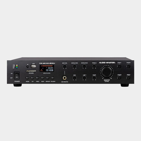 Audio Master Τελικός Ενισχυτής PA με 4 Ζώνες 250W/100V με Σύστημα Ψύξης και Συνδέσεις USB/FM/Bluetooth MX250-4
