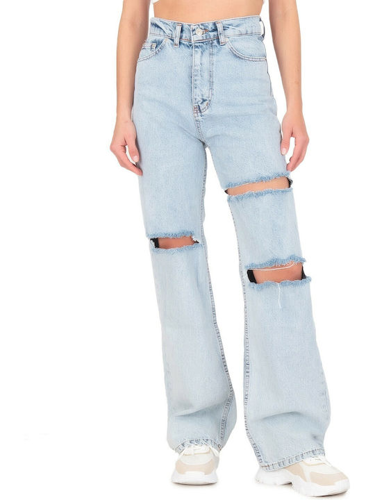 High Waist Women's Jean Trousers Flared with Rips Light Blue
