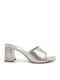 Leather Mules with Chunky High Heel in Silver Color