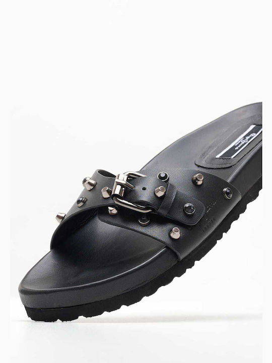 Pepe Jeans Leder Damen Flache Sandalen in Schwarz Farbe