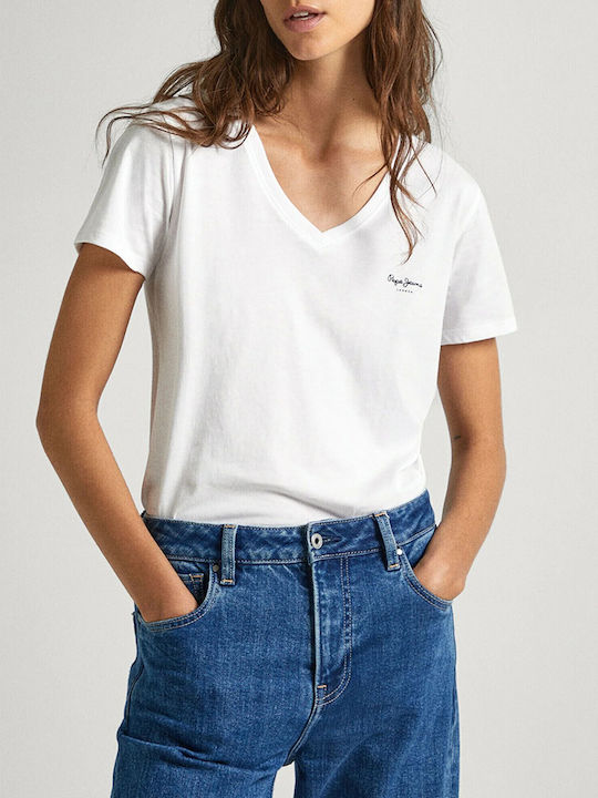 Pepe Jeans Damen T-Shirt mit V-Ausschnitt Weiß