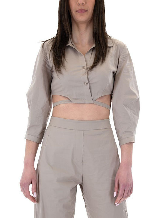 Women's Summer Crop Top Cotton Long Sleeve with Zipper Beige