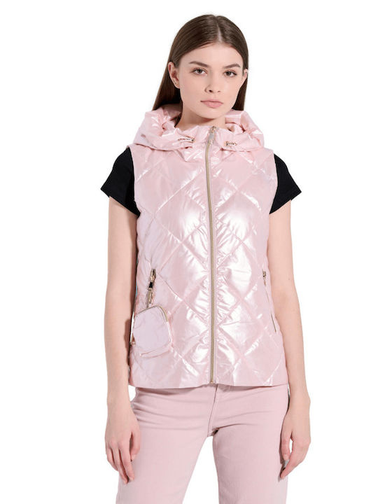 Matis Fashion Women's Short Puffer Jacket Waterproof for Winter with Hood Pink