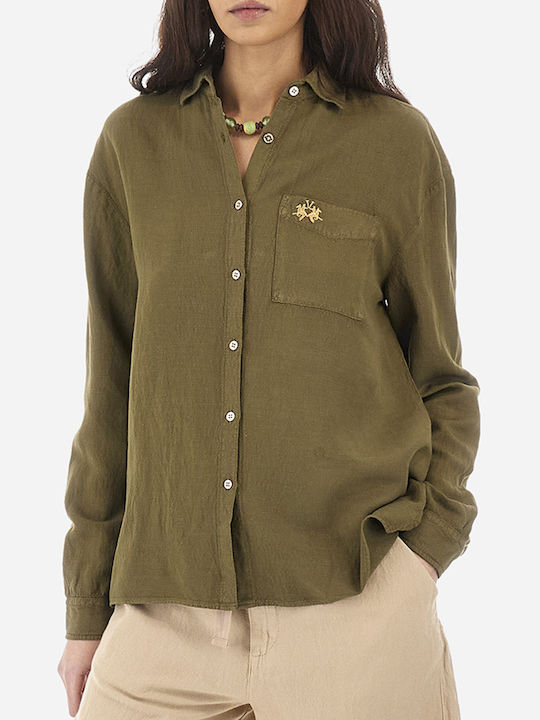 La Martina Women's Linen Long Sleeve Shirt Khaki