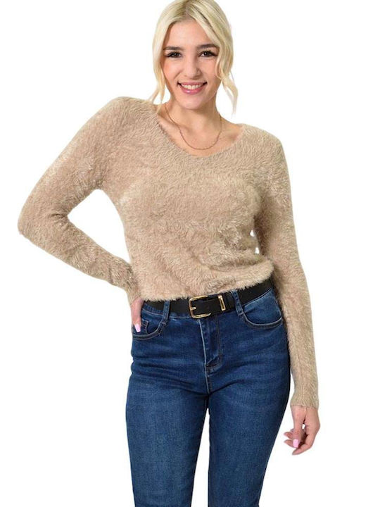 Potre Damen Langarm Pullover Baumwolle mit V-Ausschnitt Beige