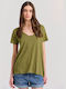 Funky Buddha Women's T-shirt with V Neckline Olive Branch Green