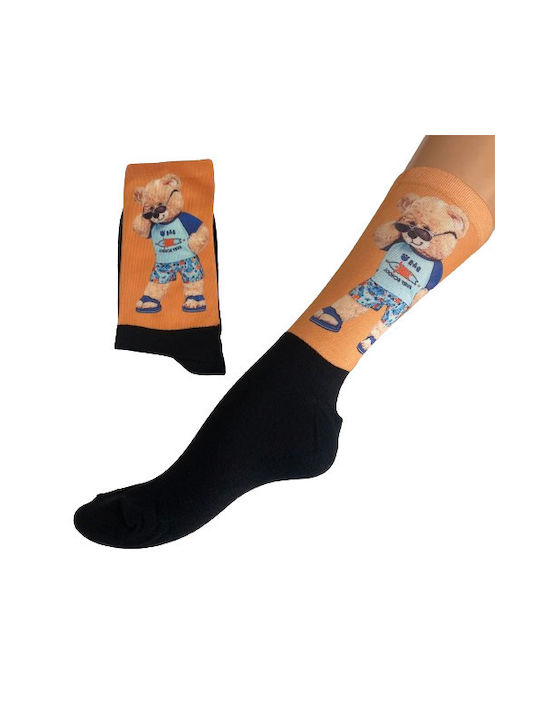 Socks with Print Teddy Bear Orange